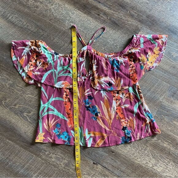 Express Top Floral Off Shoulder Tropical Ruffle Hawaiian Pink Purple - Picture 12 of 13